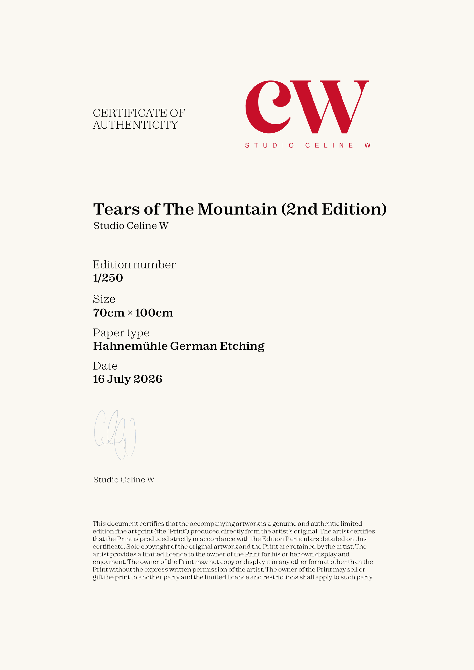 Tears of The Mountain (2nd Edition) — Certificate of Authenticity