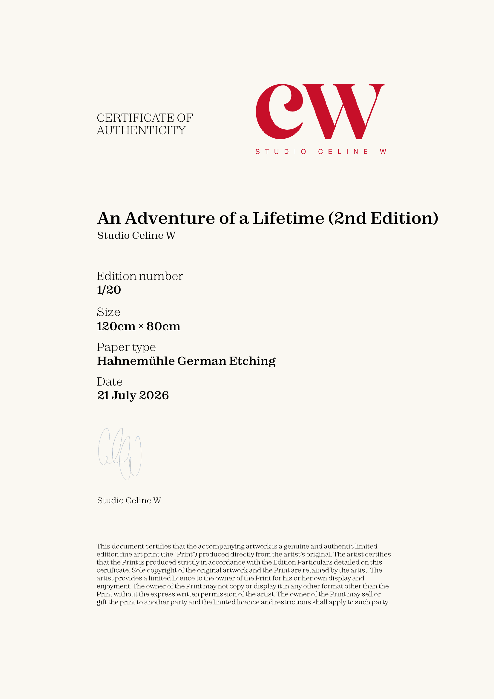 An Adventure of a Lifetime (2nd Edition) — Certificate of Authenticity
