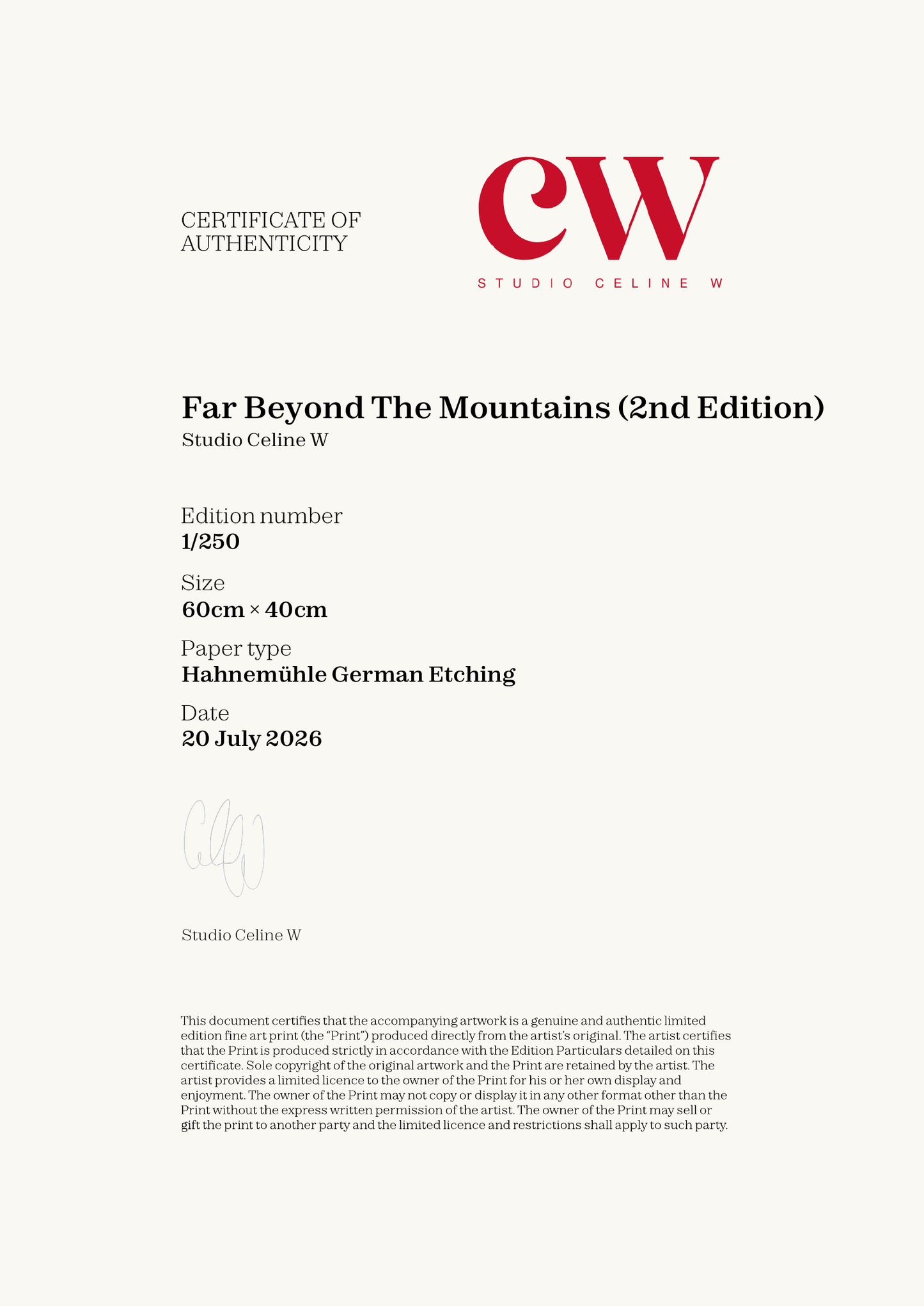 Far Beyond The Mountains (2nd Edition) — Certificate of Authenticity