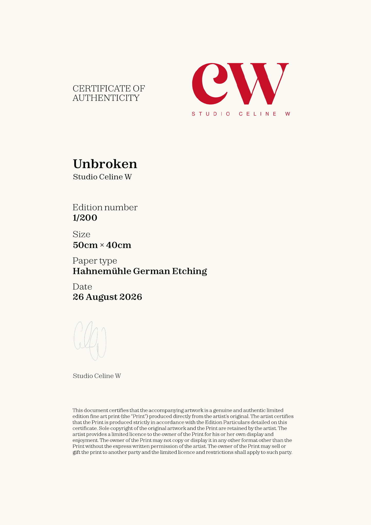 Unbroken — Certificate of Authenticity