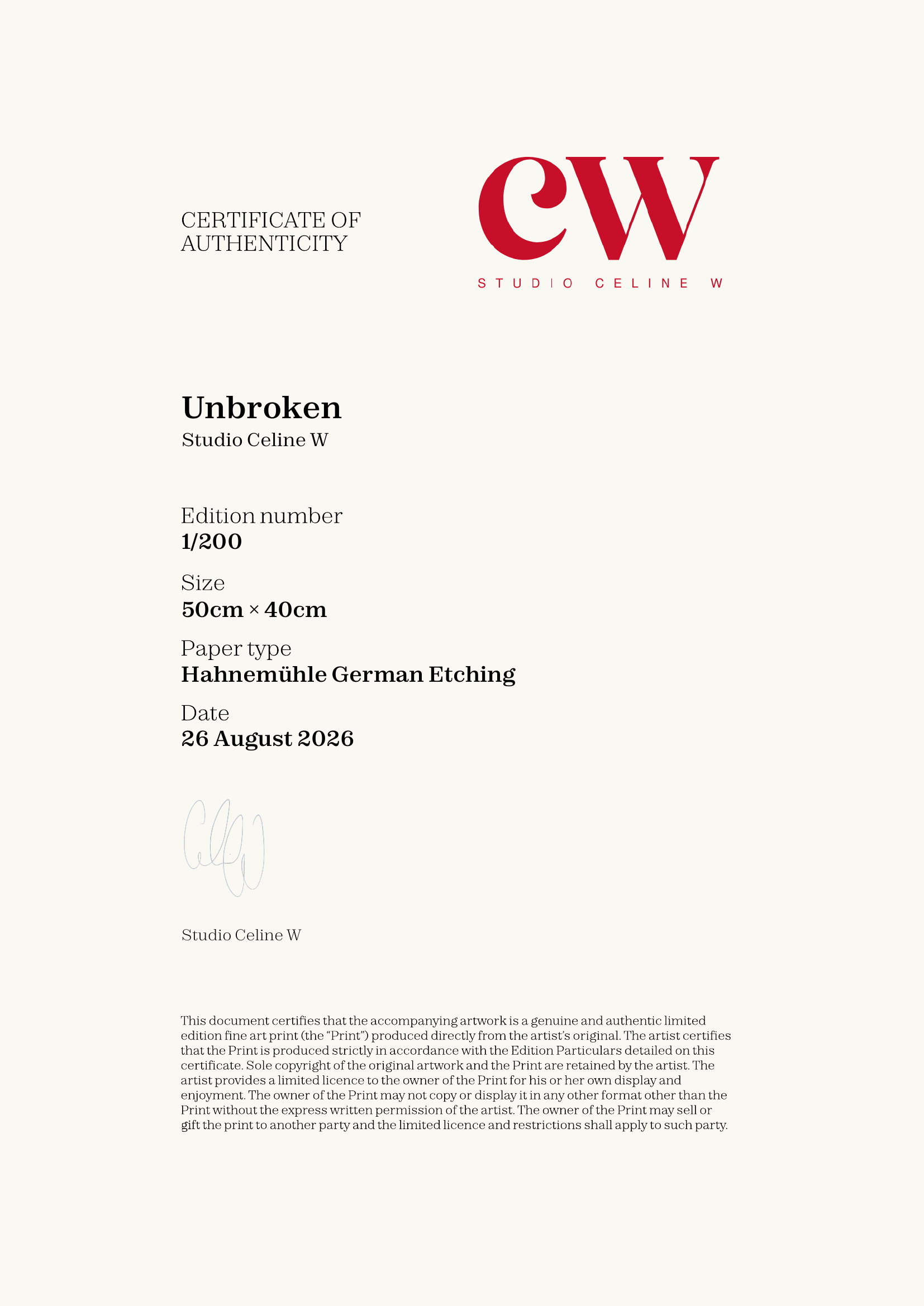 Unbroken — Certificate of Authenticity